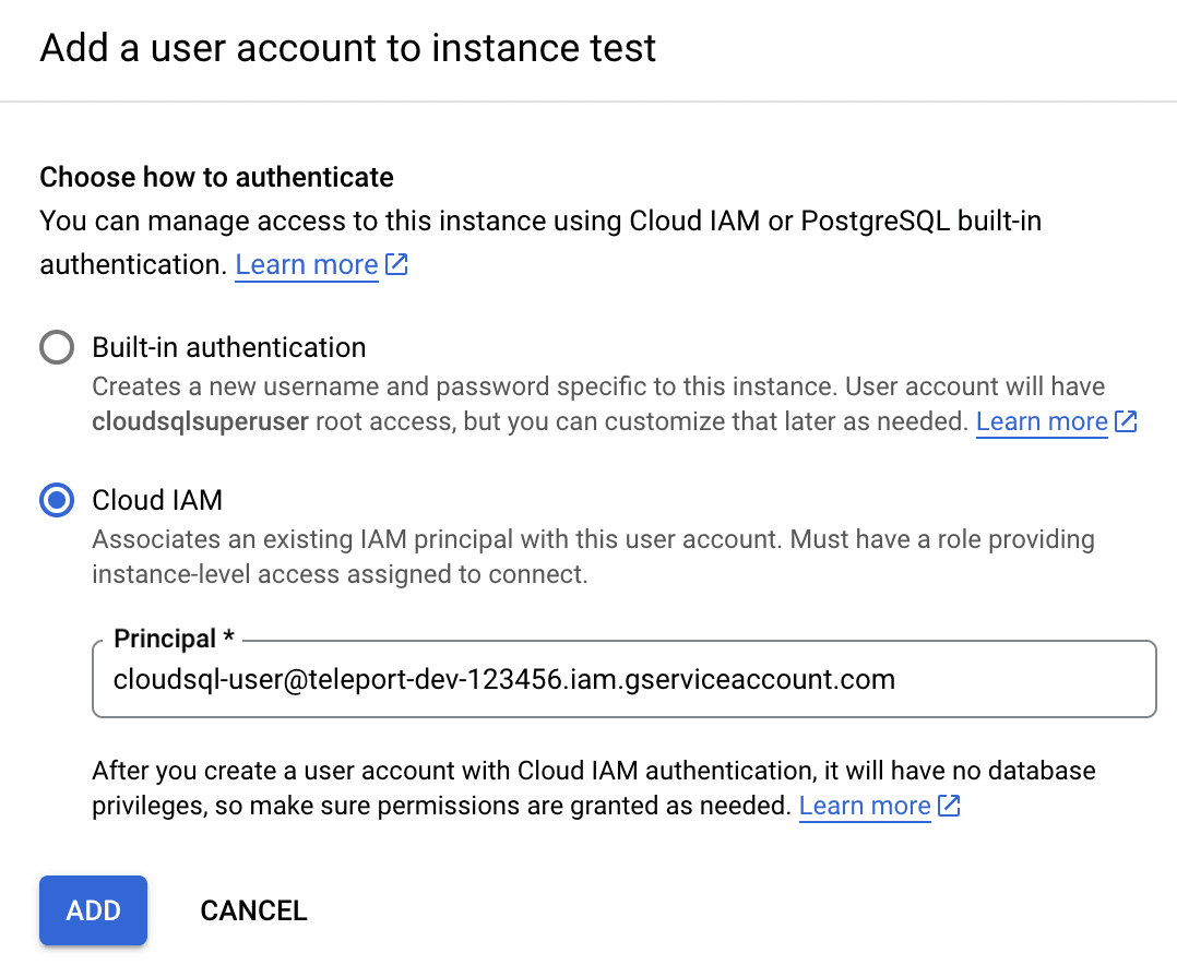 Add Cloud SQL User Account